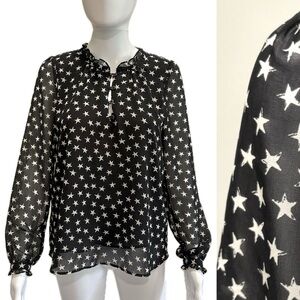 Mango MNG Black Sheer Chiffon Star Print Blouse Size 2 XS Ruffle Long Sleeve